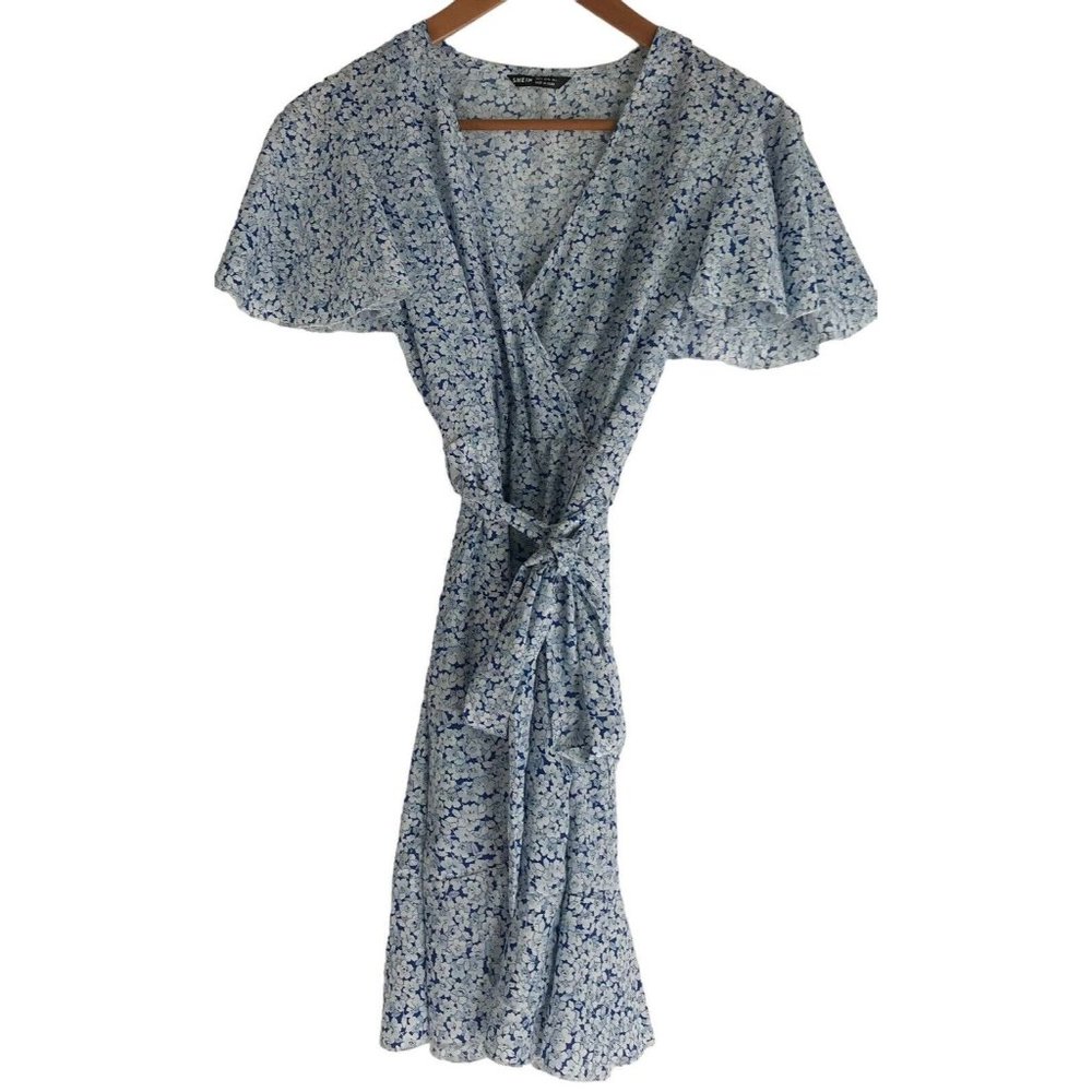 Shein Dress Womens Size Small‎ S Blue White Floral Ruffle Flutter Sleeves